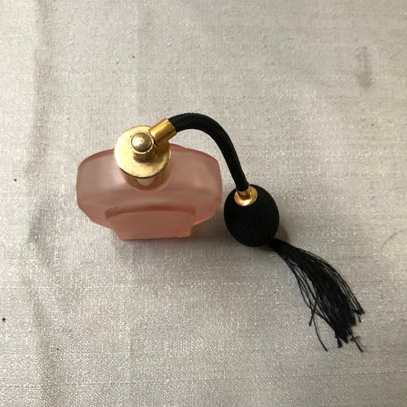 Vintage Pink Frosted Glass Purfume Bottle, Victorian Vanity, Barbie access, 5” - Picture 3 of 5